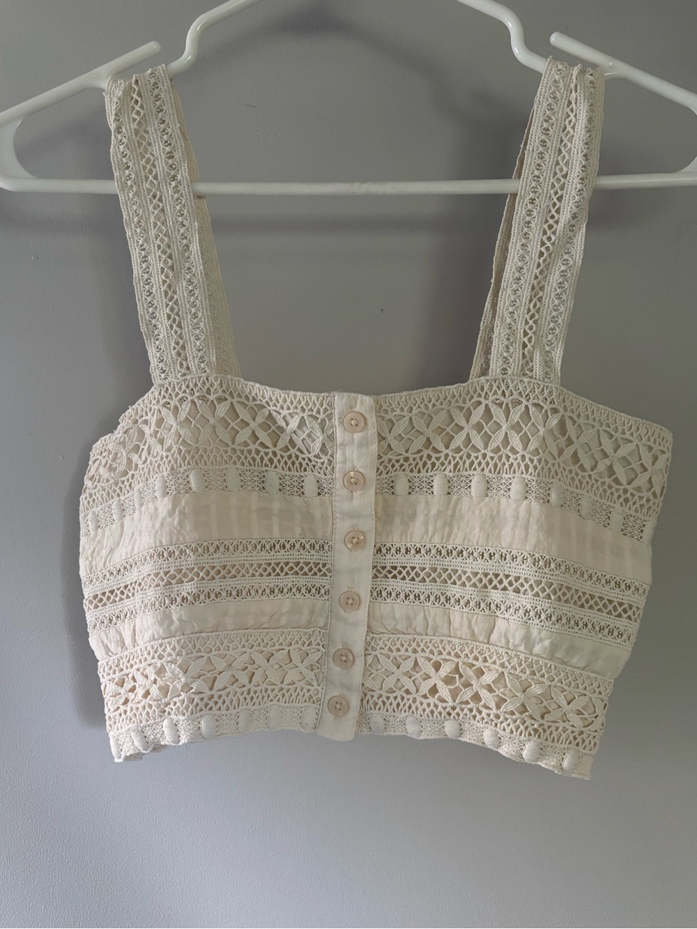 American Eagle Lace Button Front Crop Top in Cream
